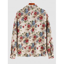 Men's Fashion Flower Jacquard Zip Up Pocket Turn Down Collar Long Sleeve Jacket