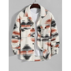 Men's Ethnic Aztec Printed Thermal Fluffy Fleece Flap Pocket Button Front Jacket