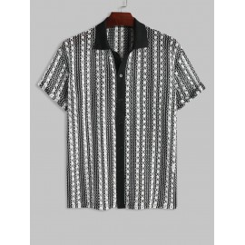 Knitted Openwork Design Striped Short Sleeves Shirt